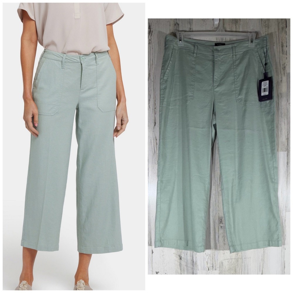 NYDJ Wide Leg Cropped Cargo Pants 12 Tomatillo Green Lift Tuck Linen Blend NEW